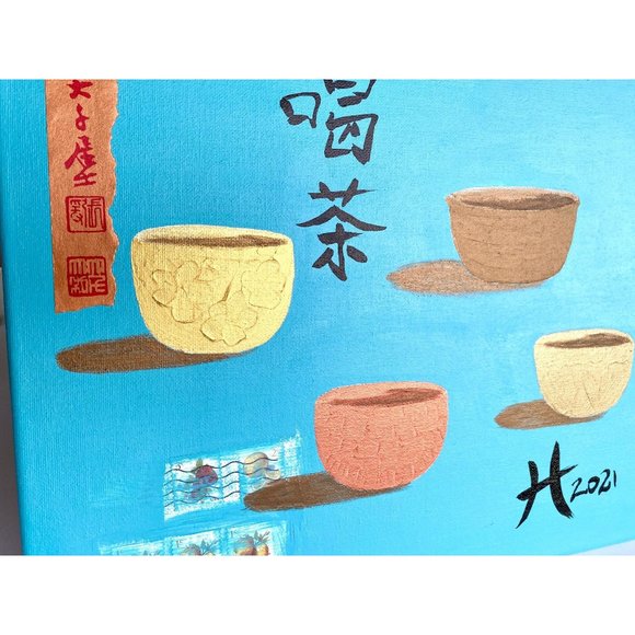 4 Cups (Drink Tea) - Original Wall Art Mixed Media Asian Fusion Painting 11"x14" - Picture 3 of 8